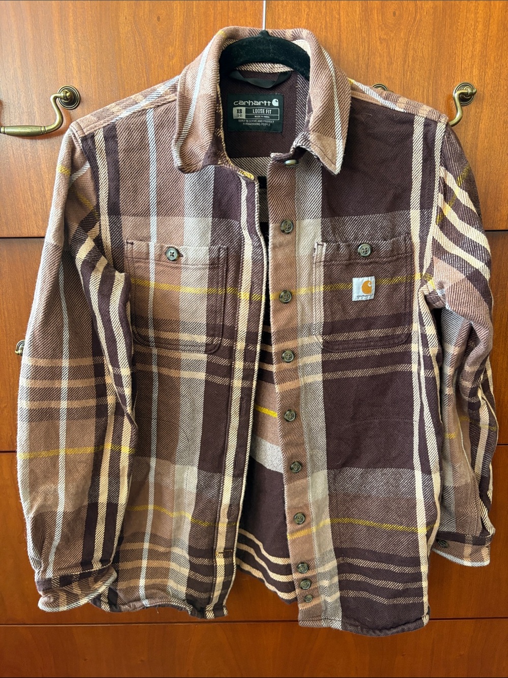 Carhartt Brown Plaid Work Shirt Jacket with Yellow Accents
